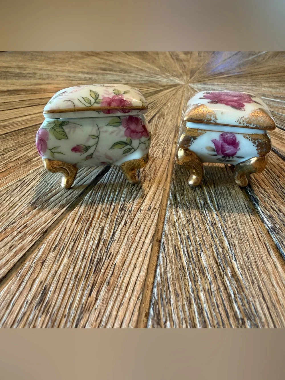 Pair Vintage Mini Porcelain Footed Trinket Boxes Pink Rose Floral Gold ring box